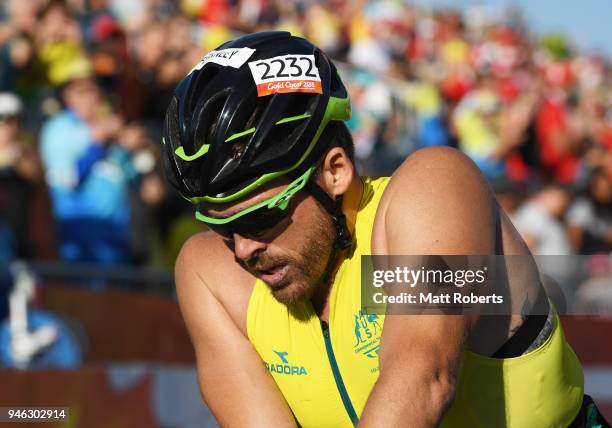 Kurt Fearnley of Australia reacts as he wins gold in the Men's T54 marathon on day 11 of the Gold Coast 2018 Commonwealth Games at Southport...