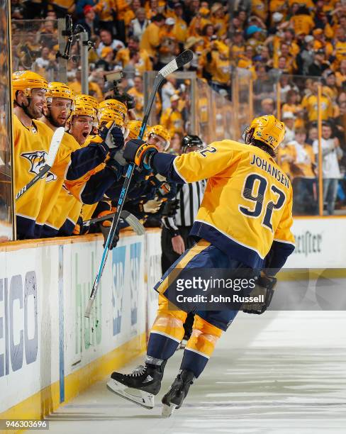 Ryan Johansen of the Nashville Predators celebrates his goal along the bench against the Colorado Avalanche in Game Two of the Western Conference...
