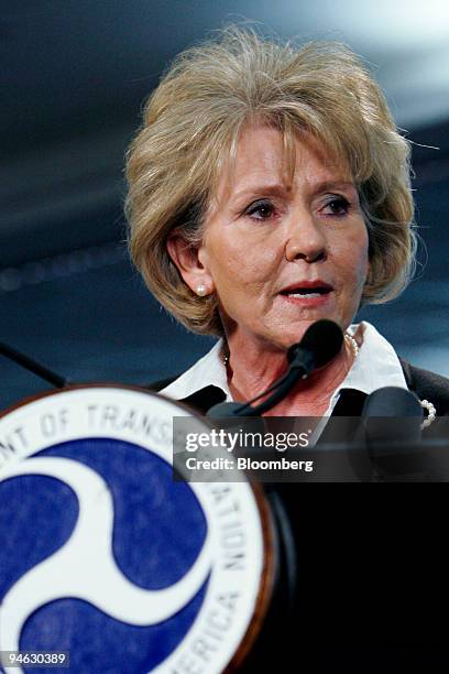 Mary Peters, U.S. Secretary of transportation, speaks at a news conference at the Air Traffic Control System Command Center in Herndon, Virginia,...