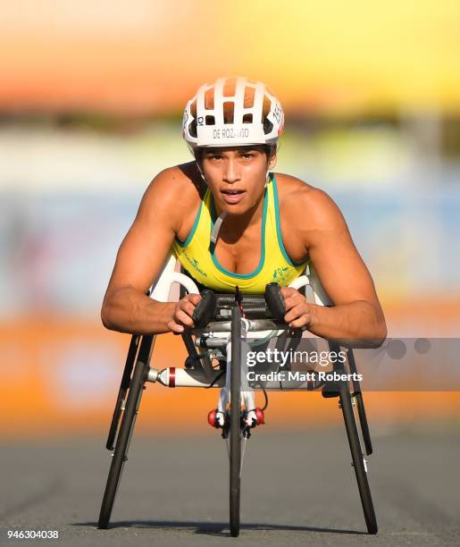 Madison de Rozario of Australia races to the line to win gold in the Women's T54 marathon on day 11 of the Gold Coast 2018 Commonwealth Games at...