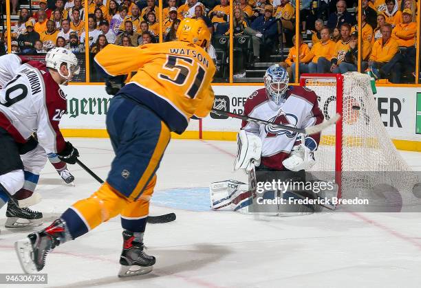 Austin Watson of the Nashville Predators takes a shot wide of goalie Jonathan Bernier of the Colorado Avalanche during the second period in Game Two...