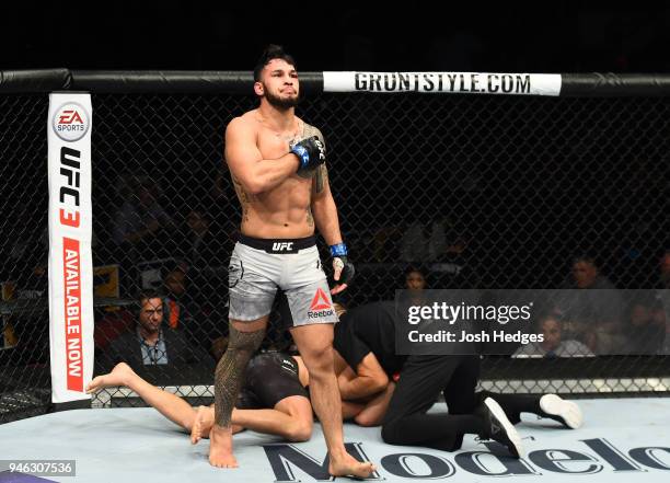 Brad Tavares celebrates his victory over Krzysztof Jotko of Poland in their middleweight fight during the UFC Fight Night event at the Gila Rivera...