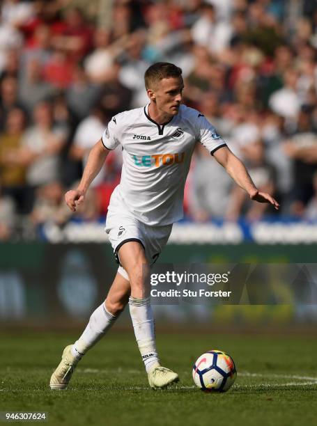 Swansea player Andy King in action during the Premier League match between Swansea City and Everton at Liberty Stadium on April 14, 2018 in Swansea,...