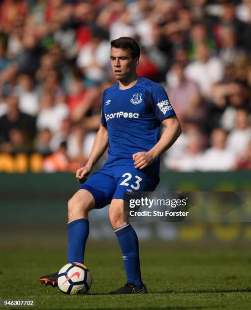 Everton player Seamus Coleman in action during the Premier League match between Swansea City and Everton at Liberty Stadium on April 14, 2018 in...