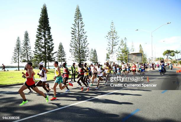 Athletes compete in the Men's marathon on day 11 of the Gold Coast 2018 Commonwealth Games at Southport Broadwater Parklands on April 15, 2018 on the...