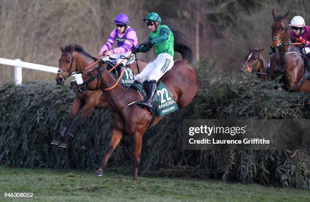 Daryl Jacob riding Ucello Conti jumps Canal Turn during the 2018 Randox Health Grand National at Aintree Racecourse on April 14, 2018 in Liverpool,...