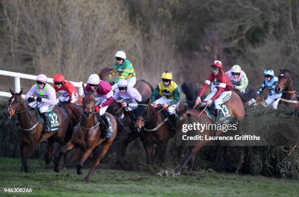 Davy Russell rides Tiger Roll over Canal Turn during the 2018 Randox Health Grand National at Aintree Racecourse on April 14, 2018 in Liverpool,...