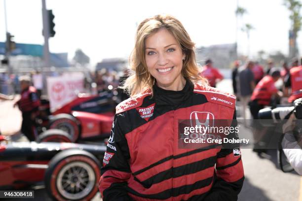 Actress and Model Tricia Helfer poses for a photo at the Honda Indy Driving Experience at the Toyota Grand Prix of Long Beach on April 13, 2018 in...