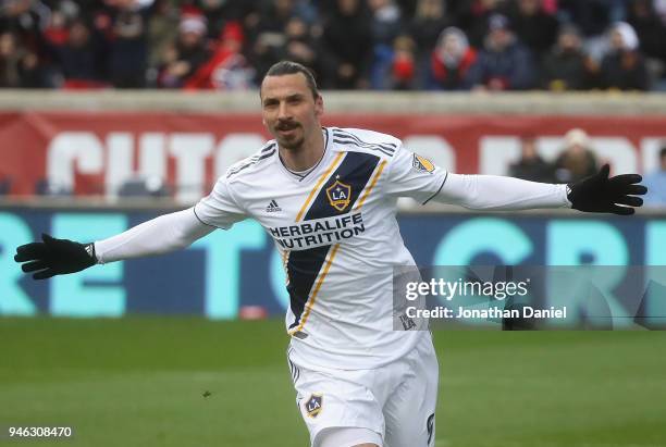 Zlatan Ibrahimovic of Los Angeles Galaxy celebrates his first half goal against the Chicago Fire at Toyota Park on April 14, 2018 in Bridgeview,...