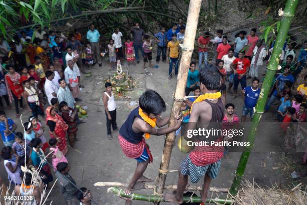 Hindu devotees throw fruits from the holy pole as Prasad during the Charak Puja festival. Bengali observes Charak Puja on the last day of Bengali...