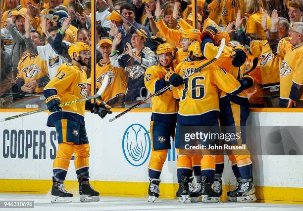 Austin Watson celebrates his goal with P.K. Subban, Kevin Fiala and Nick Bonino of the Nashville Predators against the Colorado Avalanche in Game Two...