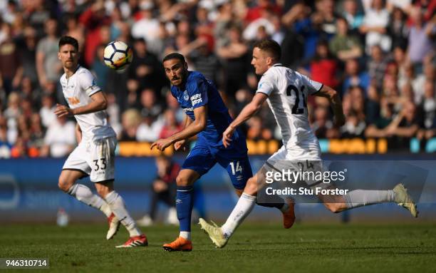 Everton player Cenk Tosun in action during the Premier League match between Swansea City and Everton at Liberty Stadium on April 14, 2018 in Swansea,...