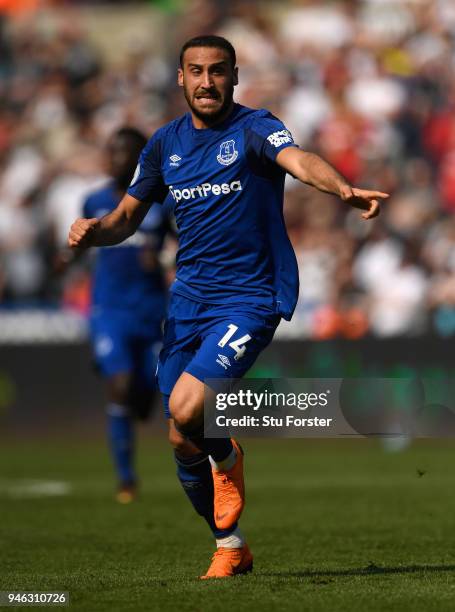 Everton player Cenk Tosun in action during the Premier League match between Swansea City and Everton at Liberty Stadium on April 14, 2018 in Swansea,...