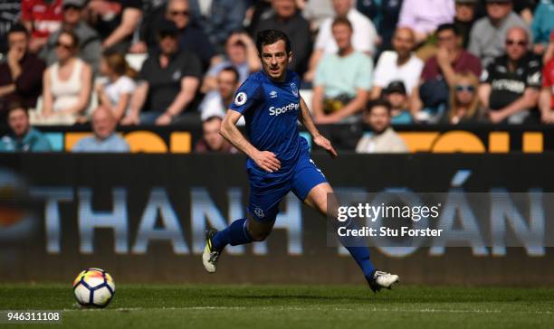 Everton player Leighton Baines in action during the Premier League match between Swansea City and Everton at Liberty Stadium on April 14, 2018 in...