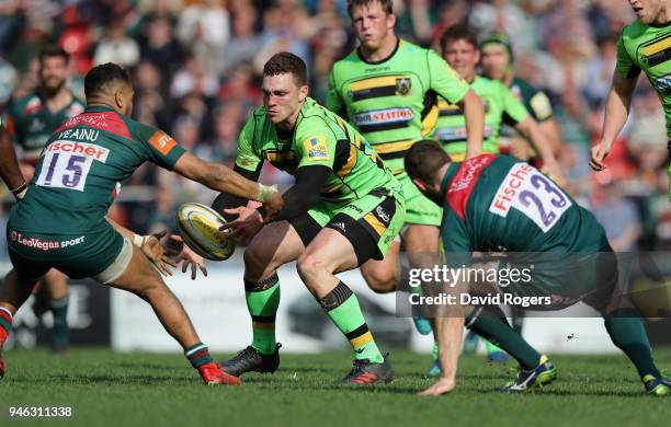 George North of Northampton holds onto the balll during the Aviva Premiership match between Leicester Tigers and Northampton Saints at Welford Road...