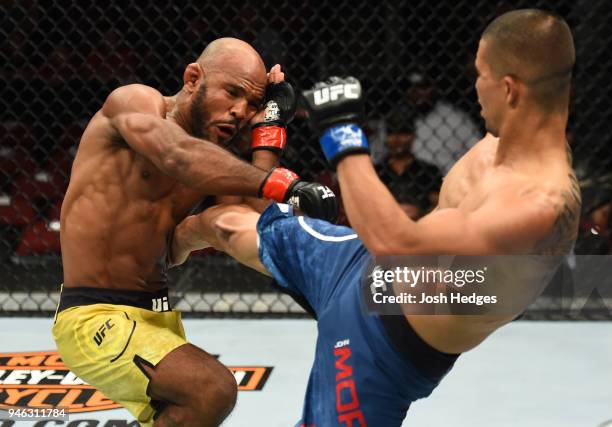 John Moraga kicks Wilson Reis of Brazil in their flyweight fight during the UFC Fight Night event at the Gila Rivera Arena on April 14, 2018 in...