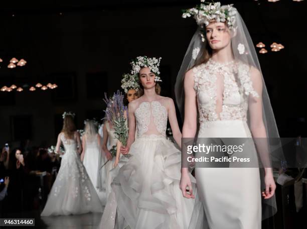 Models walk runway for Reem Acra Bridal Spring/Summer 2019 collection during NY Bridal Wweek at NY Public Library, Manhattan.