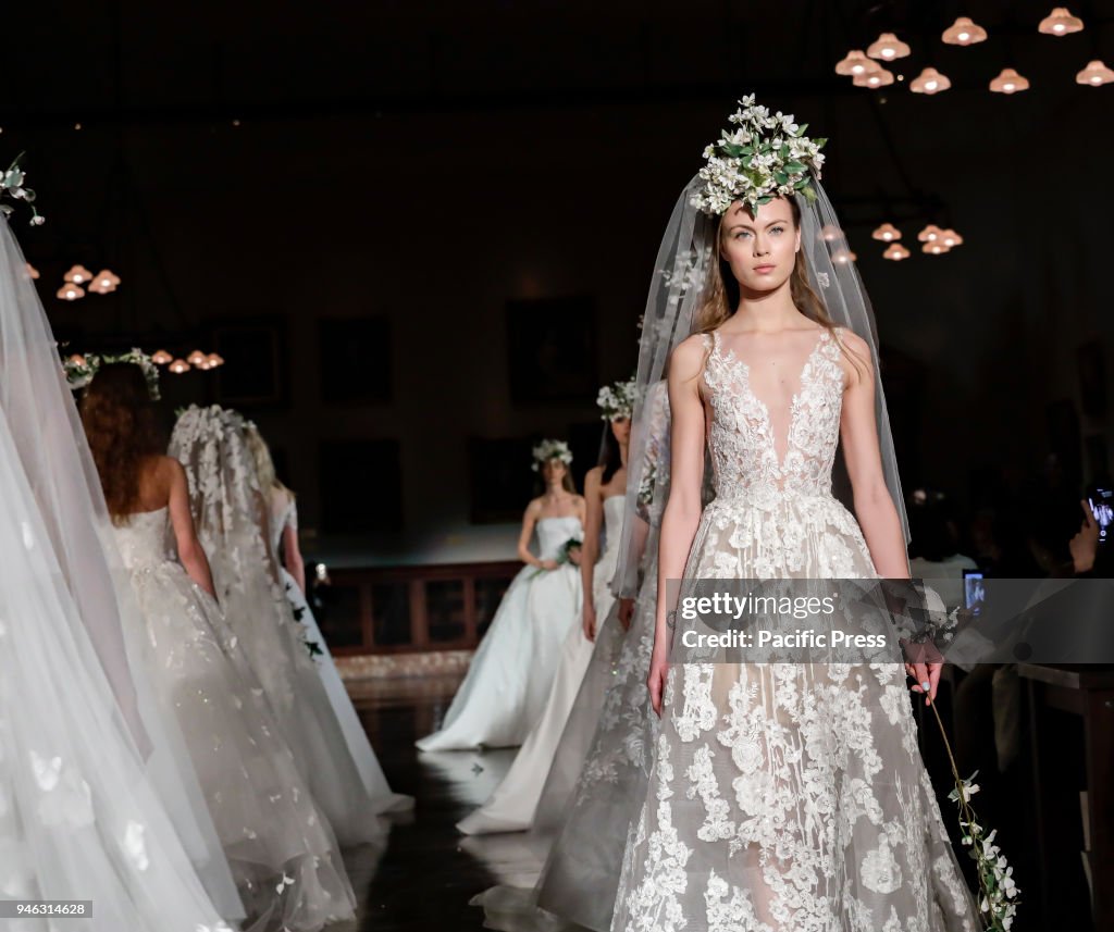 Models walk runway for Reem Acra Bridal Spring/Summer 2019...
