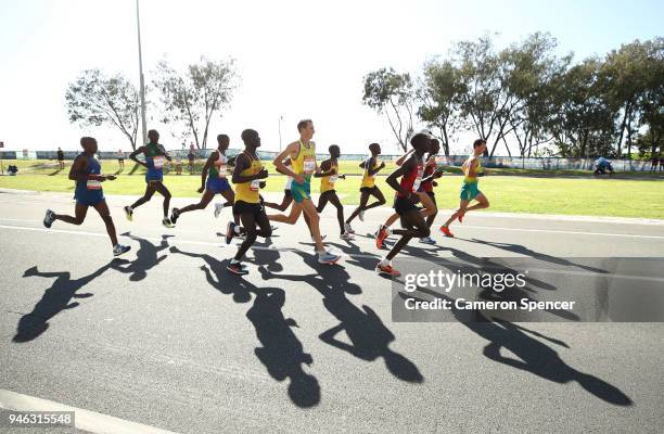 Athletes compete in the Men's marathon on day 11 of the Gold Coast 2018 Commonwealth Games at Southport Broadwater Parklands on April 15, 2018 on the...