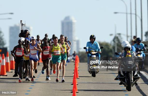 Liam Adams of Australia andf Callum Hawkins of Scotland lead during the Men's marathon on day 11 of the Gold Coast 2018 Commonwealth Games at...