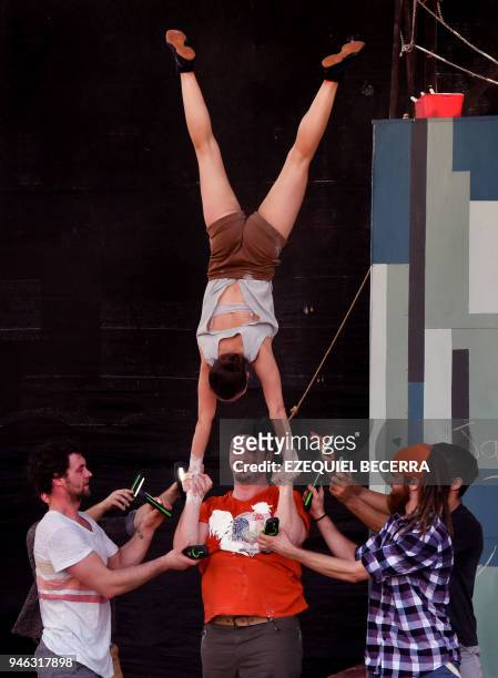 Artists of the Canadian company "Flip Fabrique" perform during their spectacle Attrape moi", in the framework of the International Festival of the...