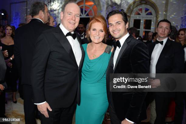 Prince Albert II of Monaco, Sarah Ferguson, Duchess of York, and Nelson Piquet Jr attend the ABB FIA Formula E Gala Dinner hosted by Bulgari at Villa...