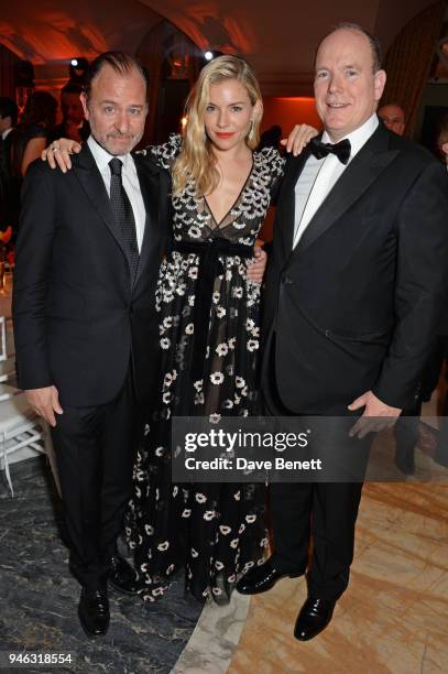 Fisher Stevens, Sienna Miller and Prince Albert II of Monaco attend the ABB FIA Formula E Gala Dinner hosted by Bulgari at Villa Miani on April 14,...