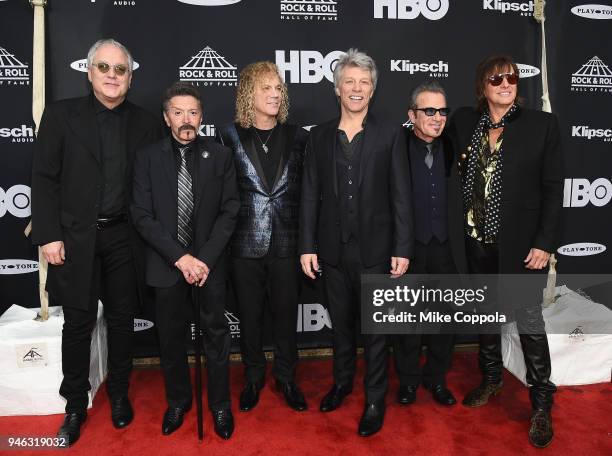 Inductees Hugh McDonald, Alec John Such, David Bryan, John Bon Jovi, Tico Torres and Richie Sambora of Bon Jovi attend the 33rd Annual Rock & Roll...