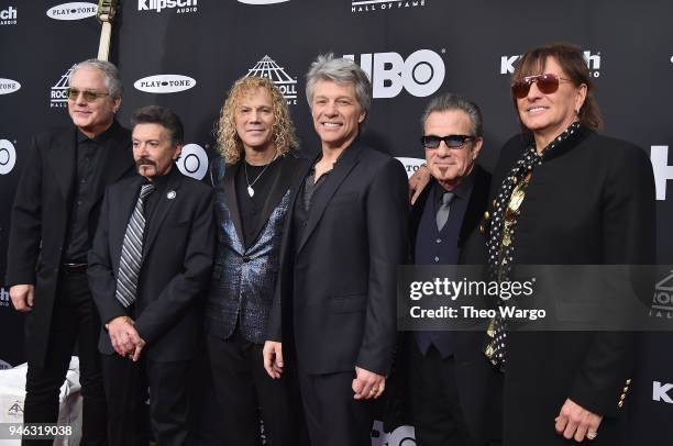 Inductees Hugh McDonald, Alec John Such, David Bryan, John Bon Jovi, Tico Torres and Richie Sambora of Bon Jovi attend the 33rd Annual Rock & Roll...