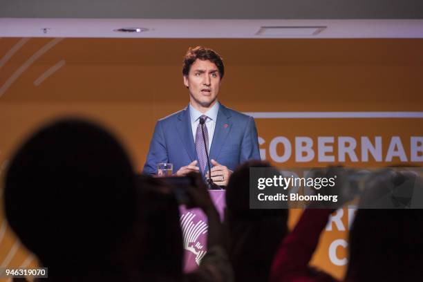 Justin Trudeau, Canada's prime minister, speaks during a press conference at the CEO Summit of the Americas in Lima, Peru, on Saturday, April 14,...