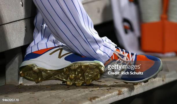 The New Balance shoes of Juan Lagares of the New York Mets in action against the Philadelphia Phillies during a game at Citi Field on April 3, 2018...