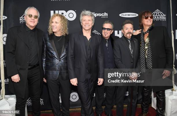 Inductees Hugh McDonaldl, David Bryan, Jon Bon Jovi, Tico Torres, Alec John Such and Richie Sambora of Bon Jovi attend the 33rd Annual Rock & Roll...