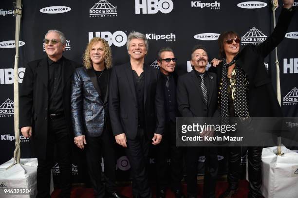 Inductees Hugh McDonaldl, David Bryan, Jon Bon Jovi, Tico Torres, Alec John Such and Richie Sambora of Bon Jovi attend the 33rd Annual Rock & Roll...