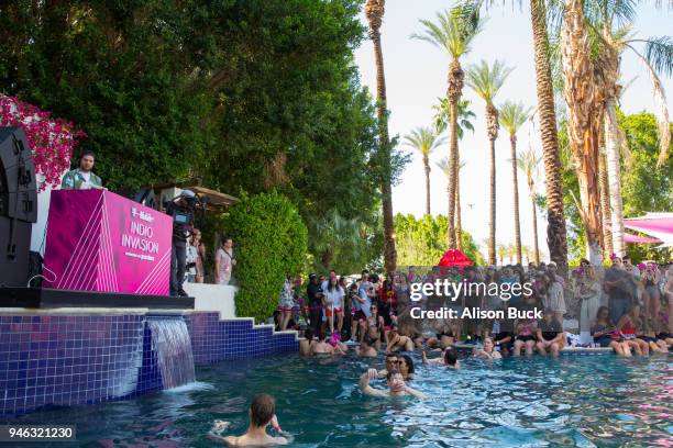 Dillon Francis performs during T-Mobile Indio Invasion, Powered By Pandora Featuring Dillon Francis at Cree Estate on April 13, 2018 in Cathedral...