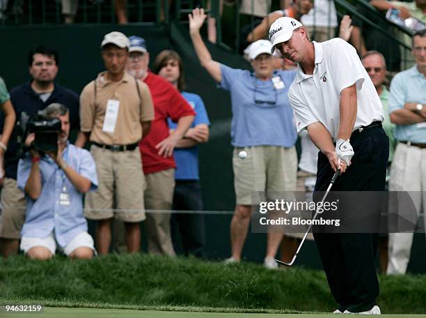 Golfer Steve Stricker hits out of the rough on the 9th hole during the final round of the Barclays Classic golf tournament at Westchester Country...