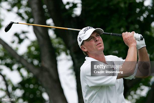 Golfer Steve Stricker hits a tee shot at the 2nd hole during the final round of the Barclays Classic golf tournament at Westchester Country Club in...