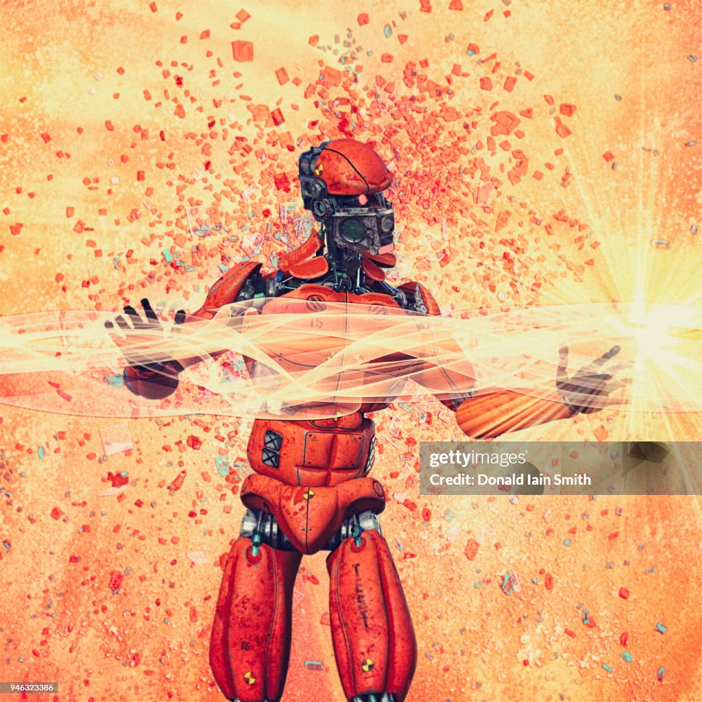 Robot with orange energy fields and exploding fragments