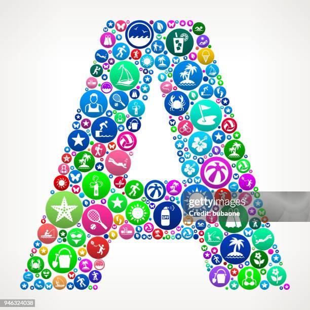 ilustraciones, imágenes clip art, dibujos animados e iconos de stock de carta de un patrón de colorido icono de vacaciones de verano - letra a con flores vector a