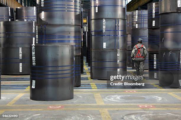 Hot rolled steel coil, bound and ready for shipping, sits at the Presidente Vargas plant of the Companhia Siderurgica Nacional, CSN, steel factory in...