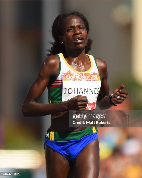 Helalia Johannes of Namibia races to the line to win gold in the Women's marathon on day 11 of the Gold Coast 2018 Commonwealth Games at Southport...