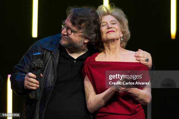 Director Guillermo del Toro receives from actress Marisa Paredes the Malaga Sur award during the 21th Malaga Film Festival at the Cervantes Theater...