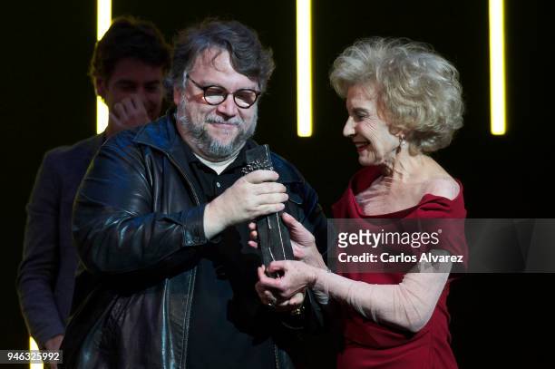 Director Guillermo del Toro receives from actress Marisa Paredes the Malaga Sur award during the 21th Malaga Film Festival at the Cervantes Theater...