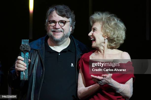 Director Guillermo del Toro receives from actress Marisa Paredes the Malaga Sur award during the 21th Malaga Film Festival at the Cervantes Theater...