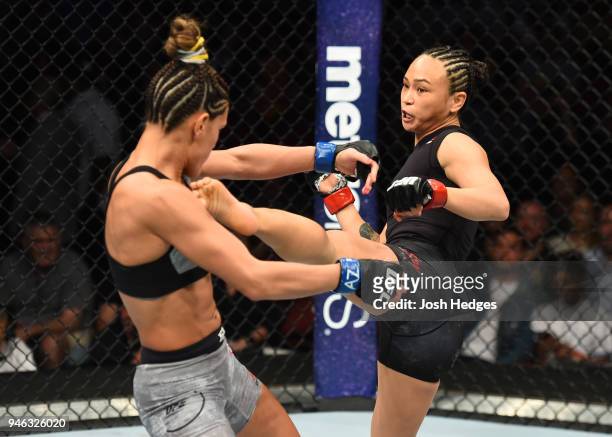 Michelle Waterson kicks Cortney Casey in their womens strawweight fight during the UFC Fight Night event at the Gila Rivera Arena on April 14, 2018...