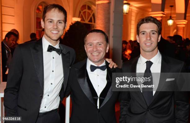 Formula E racing driver Tom Blomqvist, guest and Antonio Felix da Costa attend the ABB FIA Formula E Gala Dinner hosted by Bulgari at Villa Miani on...