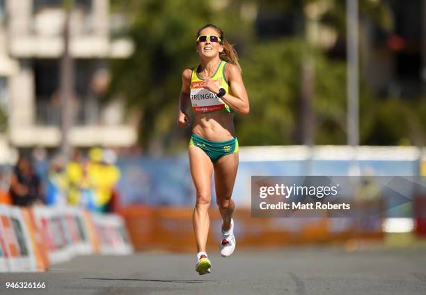 Jessica Trengove of Australia races to the line to win bronze in the Women's marathon on day 11 of the Gold Coast 2018 Commonwealth Games at...