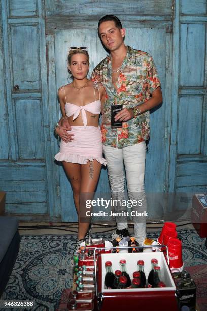 Halsey and G-Eazy Stillhouse Spirits Co. Partner and Co-Creative Director attend the Pool Party at Playboy Social Club on April 14, 2018 in Palm...