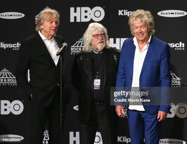 Inductees Justin Hayward, John Lodge and Graeme Edge of The Moody Blues attend the 33rd Annual Rock & Roll Hall of Fame Induction Ceremony at Public...