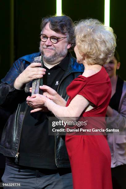 Director Guillermo del Toro receives from actress Marisa Paredes the Malaga Sur award during the 21th Malaga Film Festival at the Cervantes Theater...