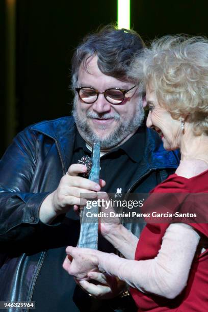 Director Guillermo del Toro receives from actress Marisa Paredes the Malaga Sur award during the 21th Malaga Film Festival at the Cervantes Theater...